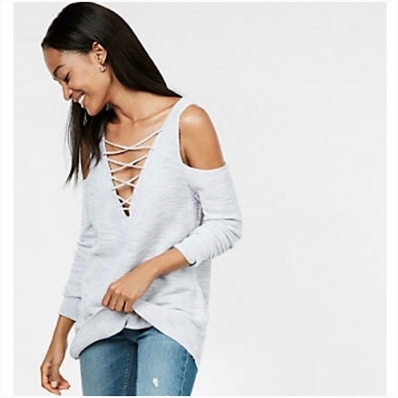 Express Marled Two Way Lace Up Cold Shoulder Tunic Sweater Size Large - Picture 1 of 5